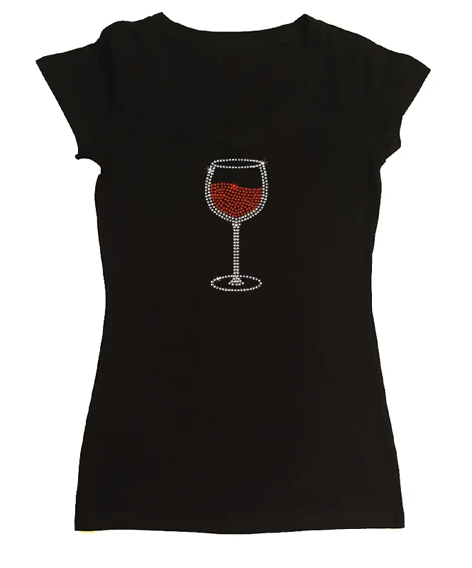 Womens T-shirt with Red Wine Glass in Rhinestones Collared Crew Neck Turtle Neck