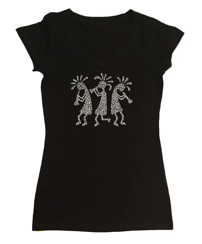 Womens T-shirt with Silver Kokopelli in Rhinestuds Chenille Brocade Lace