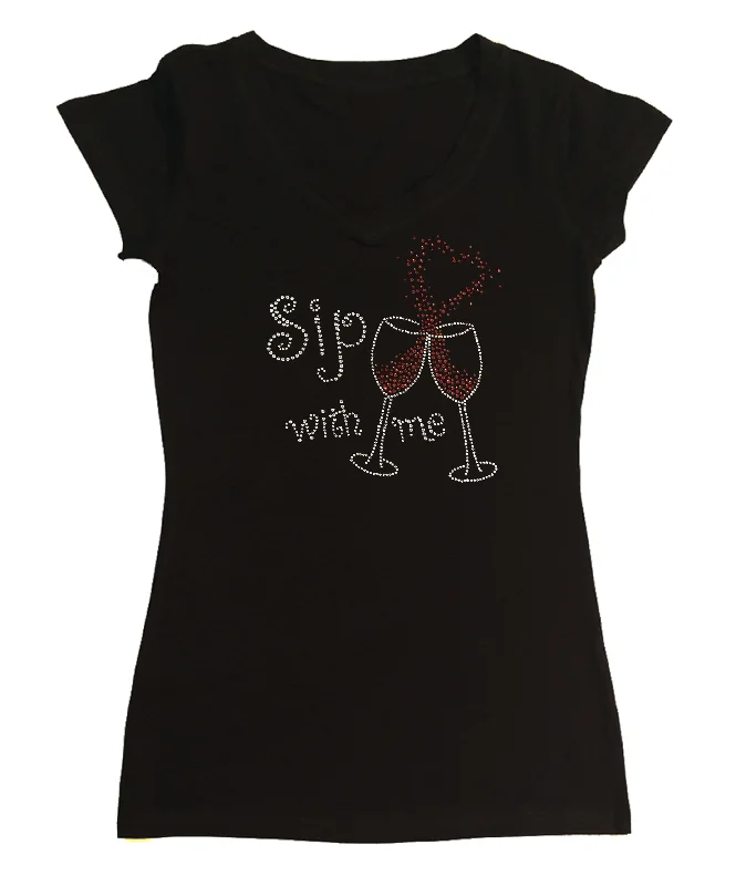 Womens T-shirt with Sip with Me Wine Cups with Heart in Rhinestones Polka Dot Checkered Tartan