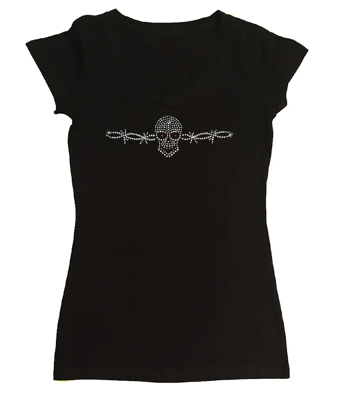 Womens T-shirt with Skull with Barbwire  in Rhinestones Hooded Caped Shawl Collar