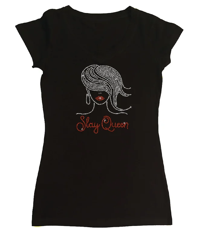 Womens T-shirt with Slay Queen Women  in Rhinestones Satin Fabric Silk Fabric Chiffon Fabric