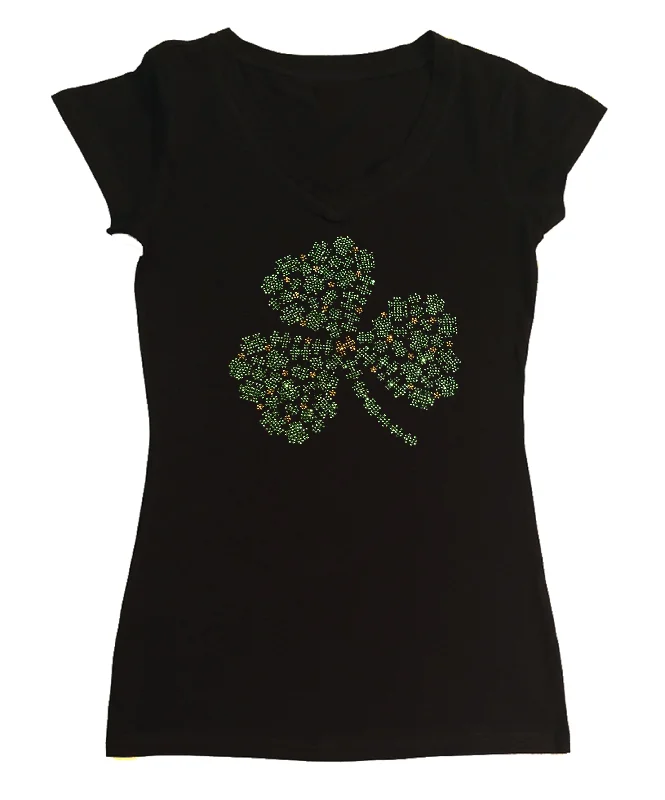 Womens T-shirt with St Patrick's Clover Collage in Rhinestones V-Neck T-Shirt Long Sleeve Cotton