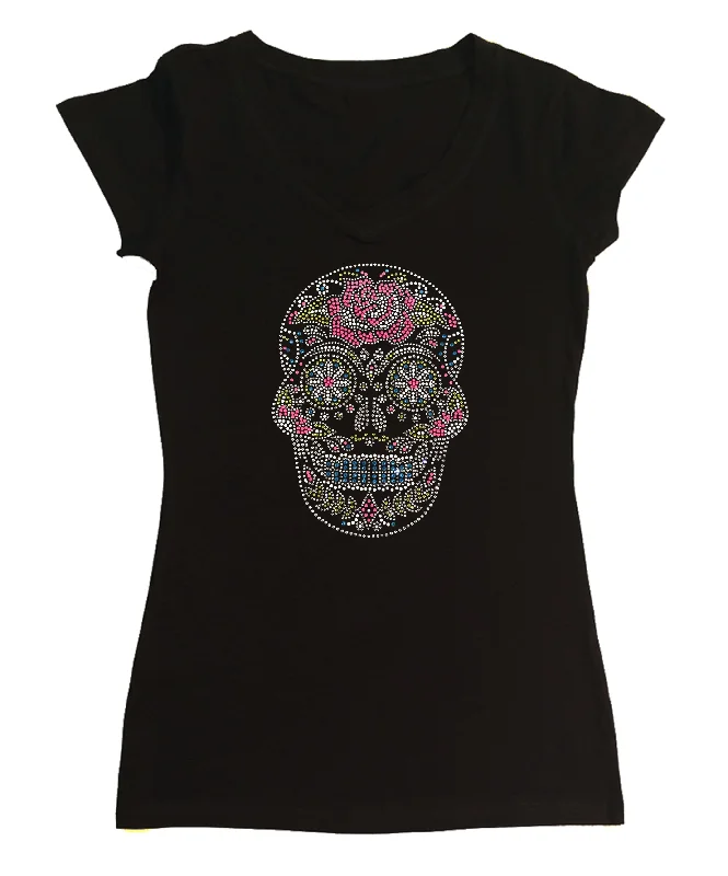 Womens T-shirt with Sugarskull with Flower in Rhinestones Asymmetrical Pockets Print