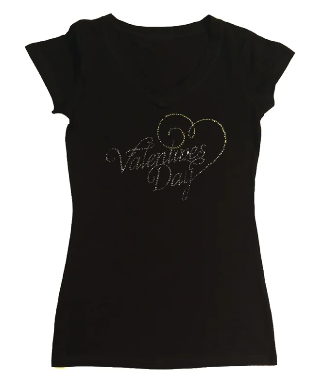 Womens T-shirt with Valentines Day with Pink Heart in Script in Rhinestones Zippered Front Buttoned Front Snap Front