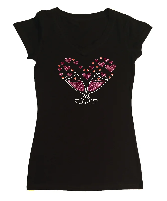 Womens T-shirt with Wine Glasses Heart in Rhinestones Beaded Sequined Faux Fur