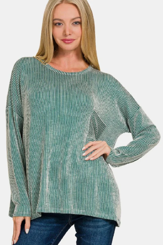 Zenana Ribbed Striped Long Sleeve T-Shirt Ribbed T-Shirt High Neck Heavyweight