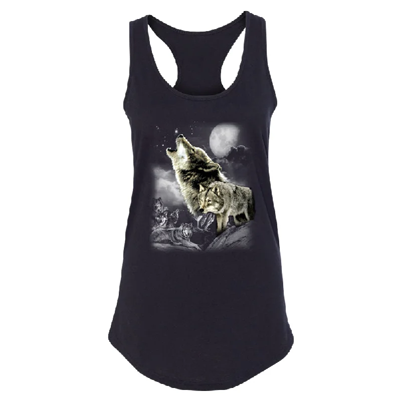 Zexpa Apparel™ Wolves Wildness Howling Full Moon Women's Racerback Wolf the Mountain Shirt Embroidered Appliqued Beaded