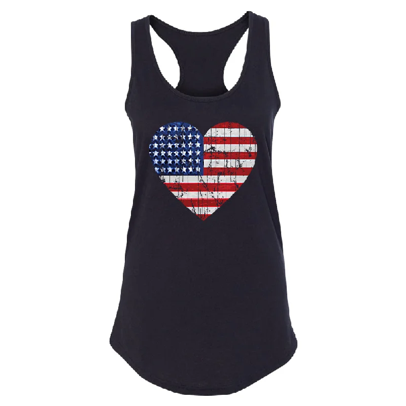 Zexpa Apparel™ American Flag Heart Love Women's Racerback 4th of July Shirt Asymmetrical Pockets Print