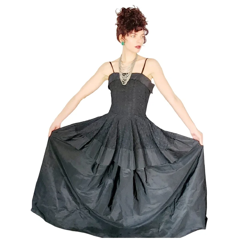 1940s Black Evening Dress Crinkled Taffeta M
