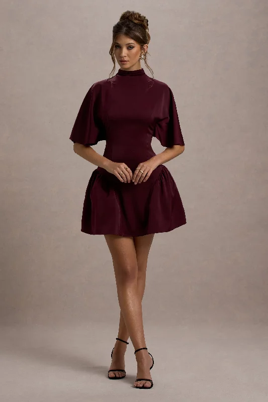 Alva | Burgundy High-Neck Short-Sleeve Mini Dress With Volume Skirt Elegant Off-Shoulder Dress Mini