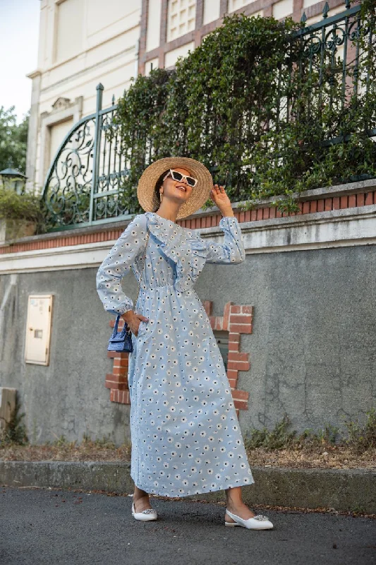 Baby Blue  Print Ruffle Detail Dress