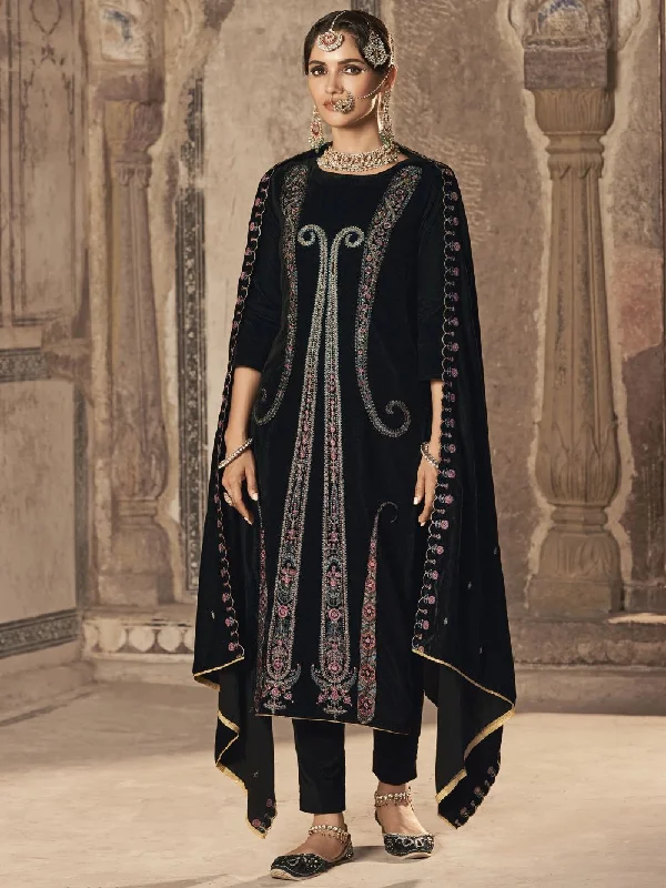 Black Velvet Embroidered Dress Material