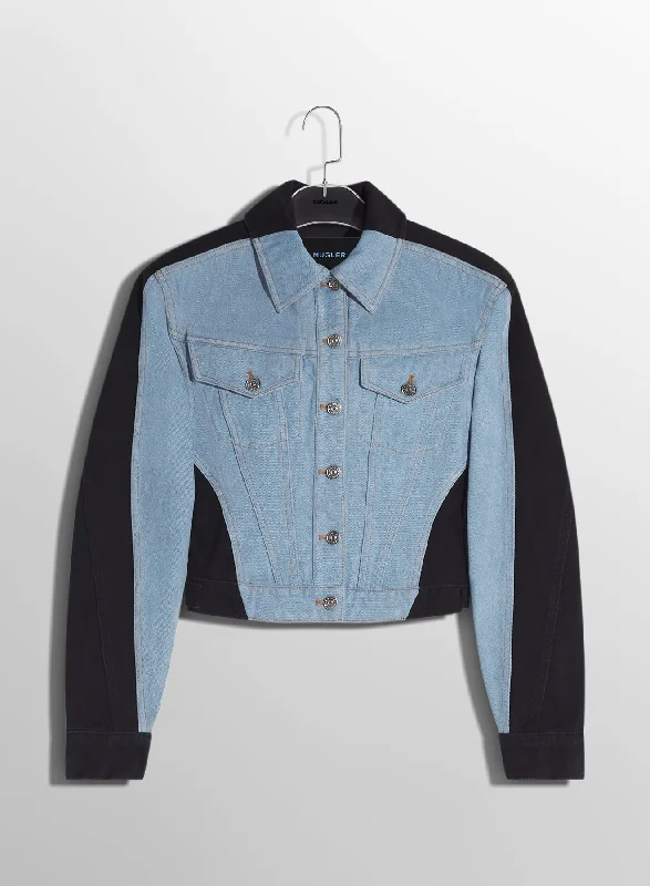 blue bi-color denim jacket Denim Fabric Leather Fabric Suede Fabric