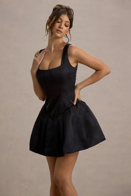 Bramble | Black Satin Square-Neck Puffball Mini Dress Elegant Mini Dress with Pleats