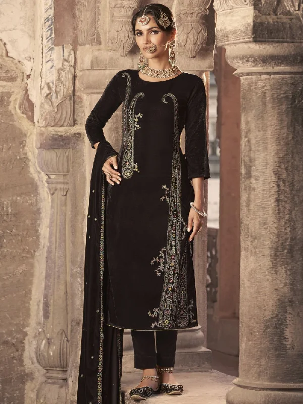 Brown Velvet Embroidered Dress Material