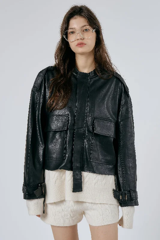 Celina Faux Leather Rider Jacket Bomber Jacket Anorak Windbreaker
