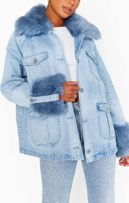Copenhagen Jacket ~ Drift Indigo with Blue Faux Fur Herringbone Jacket Checkered Jacket Solid Jacket