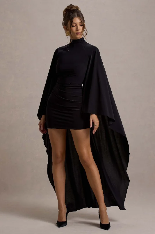 Damia | Black High-Neck Mini Dress With Asymmetric Cape Trendy Mini Dress with Belt