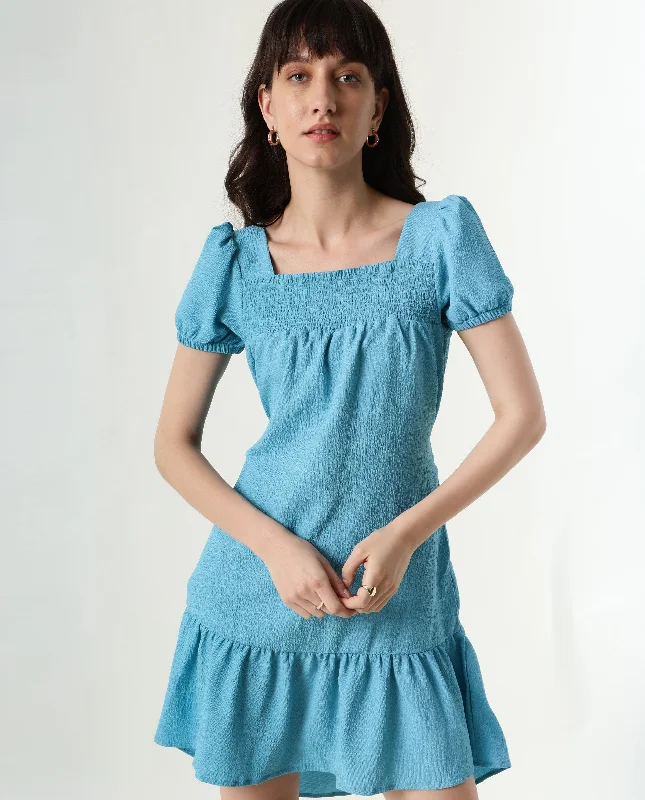 Rareism Women Empress Blue Smoked Square Neck Puff Sleeves With Fabric Waist Belt And Pockets High Low Dress