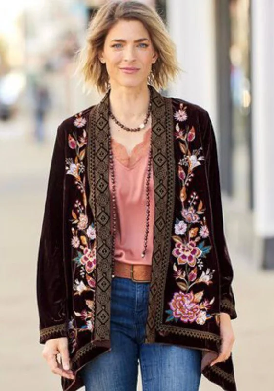 Trondheim Espresso Velvet Embroidered Cardi-Jacket Welt Pockets Slit Pockets Flap Pockets