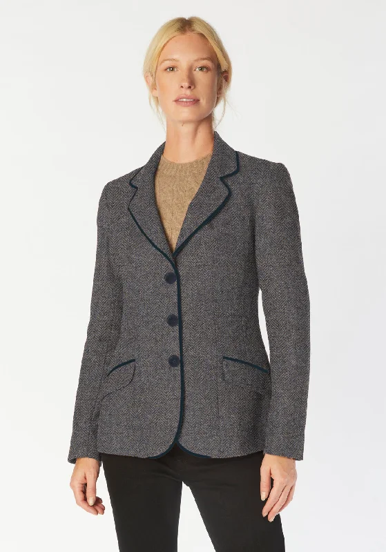 Hacking Jacket | Mid Blue Herringbone Zippered Jacket Buttoned Jacket Snapped Jacket Hacking Jacket | Mid Blue Herringbone Zippered Jacket Buttoned Jacket Snapped Jacket