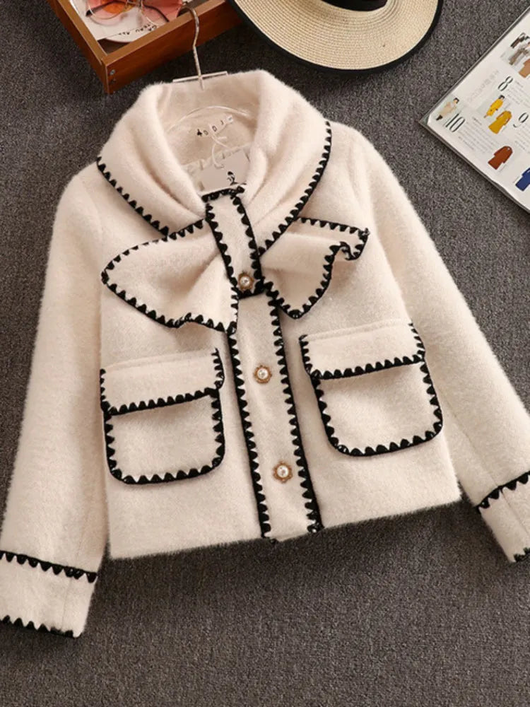 Getadme High Quality Women White Bow Mink Jacket Coat For Female Slim Patchwork Pocket Outerwear Ladies Wool Short Coat Winter Clothes Faux Fur Fabric Real Fur Fabric Shearling Fabric Getadme High Quality Women White Bow Mink Jacket Coat For Female Slim Patchwork Pocket Outerwear Ladies Wool Short Coat Winter Clothes Faux Fur Fabric Real Fur Fabric Shearling Fabric
