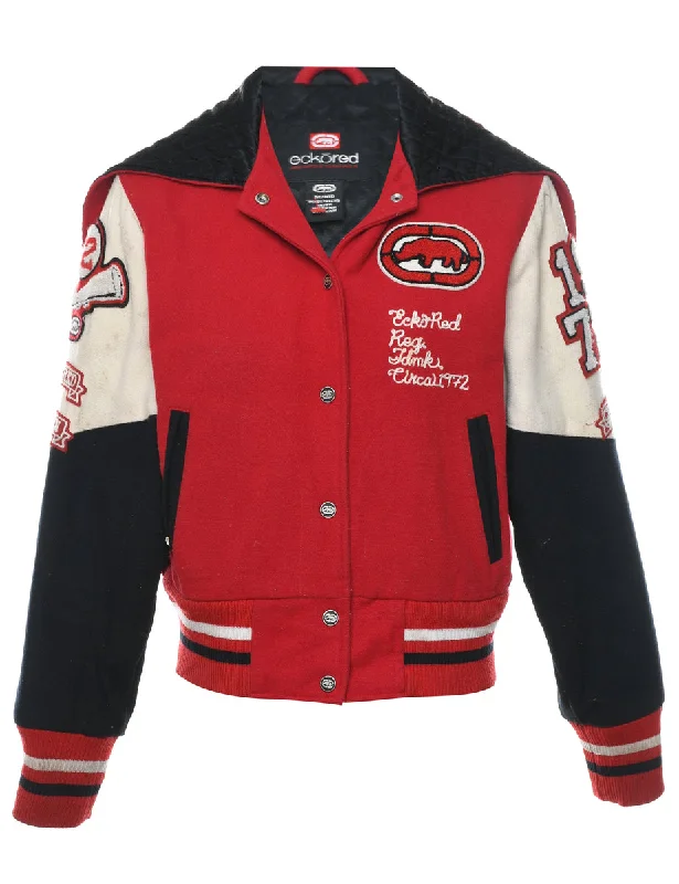 Hooded Black, Red & White Ecko 2000s Varsity Jacket - M Hooded Jacket Caped Jacket Shawl Collar Jacket Hooded Black, Red & White Ecko 2000s Varsity Jacket - M Hooded Jacket Caped Jacket Shawl Collar Jacket