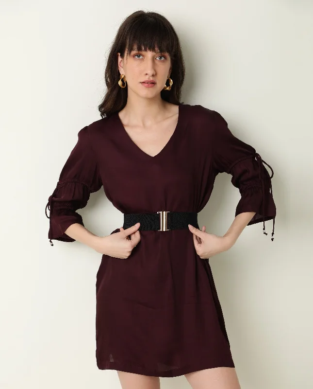 Rareism Women Jamm Maroon V Neck 3/4 Sleeves With Tie Up Mini Dress Elegant Vintage Mini Dress