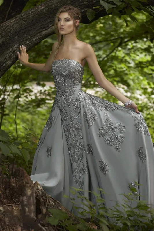 Janique - W1691SC Strapless Lace Appliqued A-line Dress