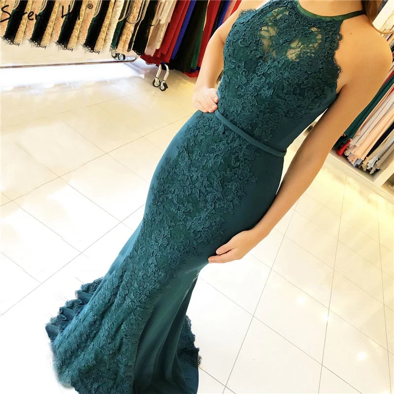 Lace Green Evening Dresses Long Mermaid Simple Elegant Evening Gowns LA60721