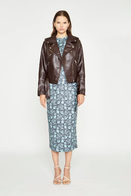 Dark Oxblood PU Biker Jacket Print Jacket Jacquard Jacket Patchwork Jacket