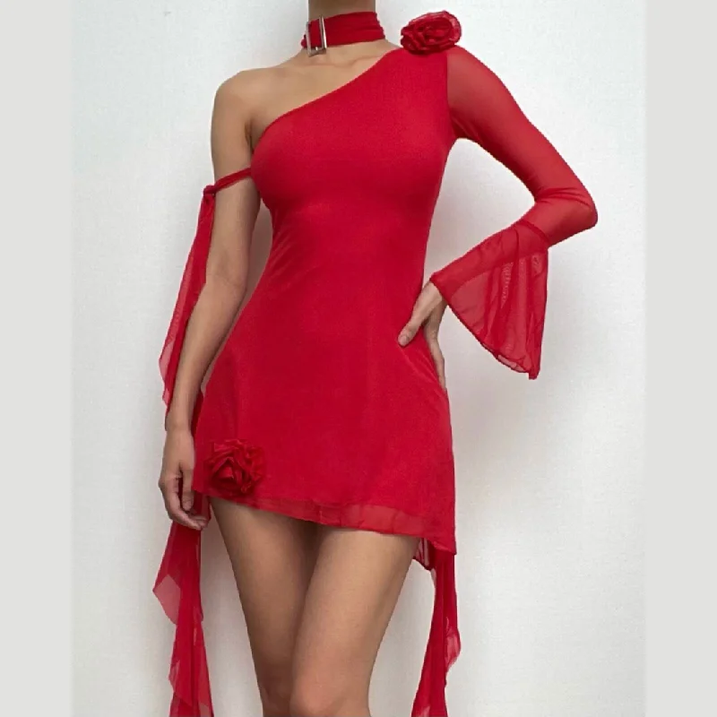 Long flared sleeve one shoulder ruffle flower applique mesh mini dress Elegant Lace Mini Dress