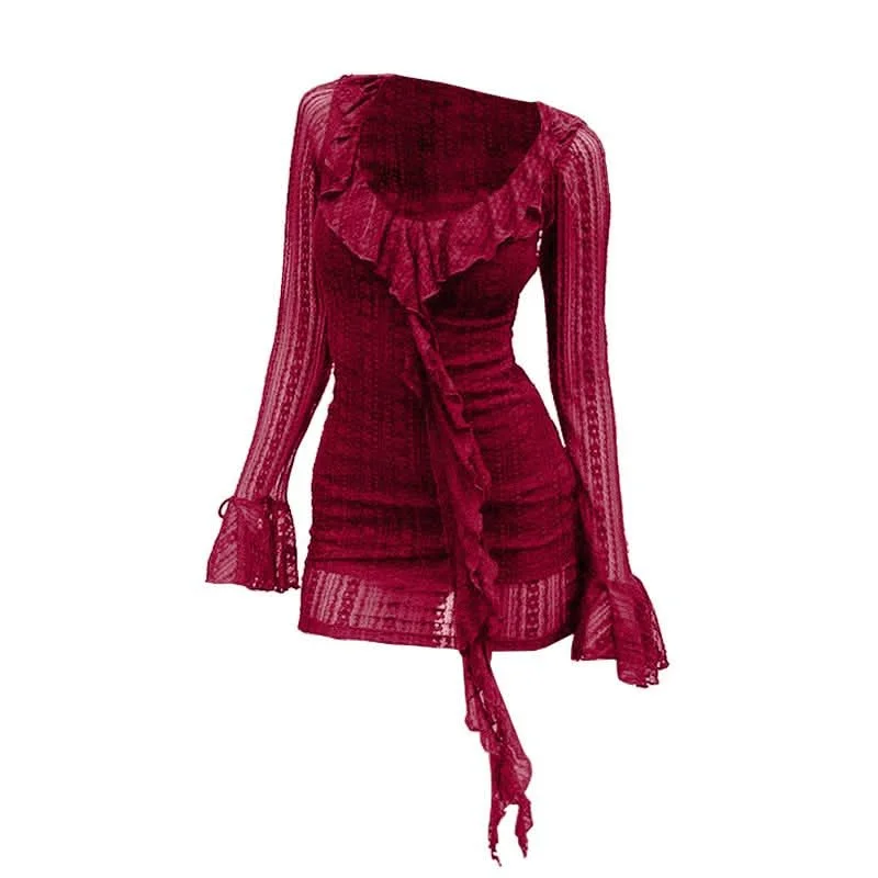 Long flared sleeve u neck lace ruffle mini dress Elegant Tulle Mini Dress