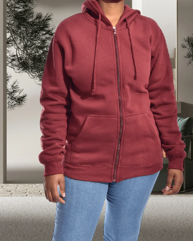Maroon Unisex Hooded Jacket Zippered Front Buttoned Front Snap Front