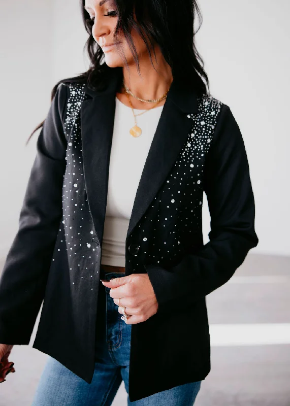 Mea Rhinestone Studded Jacket Zippered Front Buttoned Front Snap Front