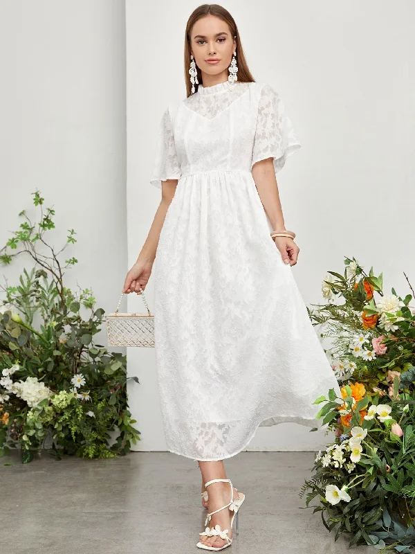 Modely Mock Neck A-Line Lettuce Trim Butterfly Sleeve Dress SD