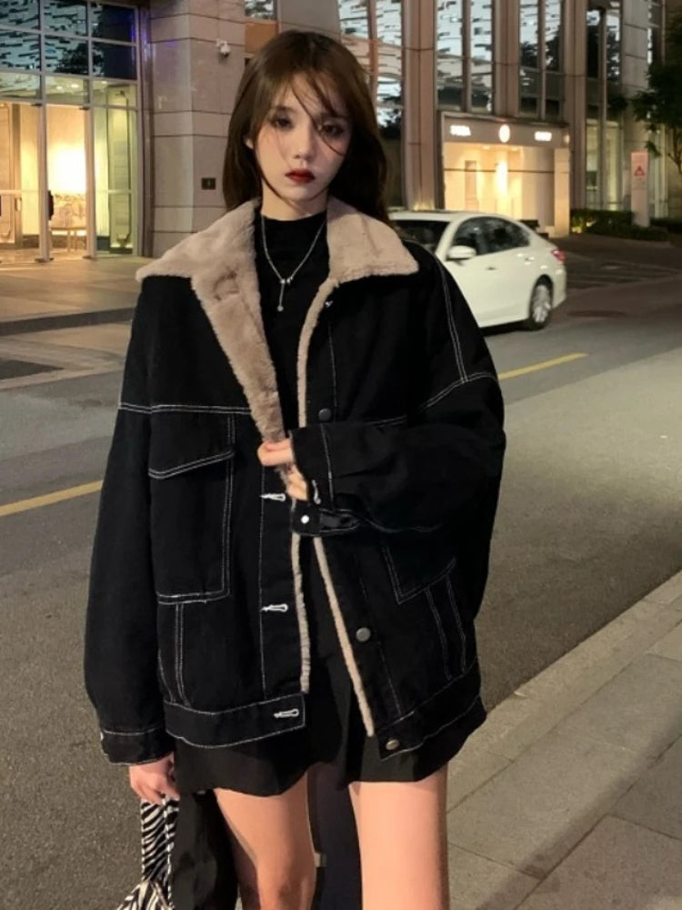 New Korean Fashion Winter Women Coat Warm 2023 Lapel Denim Thick Jacket Casual Work Clothes Cotton Padded Jackets for Women Tops Zip Front Button Front Snap Front New Korean Fashion Winter Women Coat Warm 2023 Lapel Denim Thick Jacket Casual Work Clothes Cotton Padded Jackets for Women Tops Zip Front Button Front Snap Front