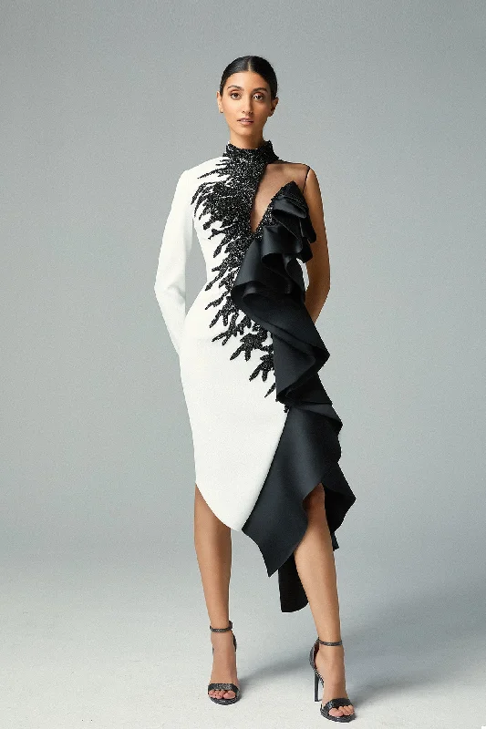 One sleeve side ruffled asymmetric dress