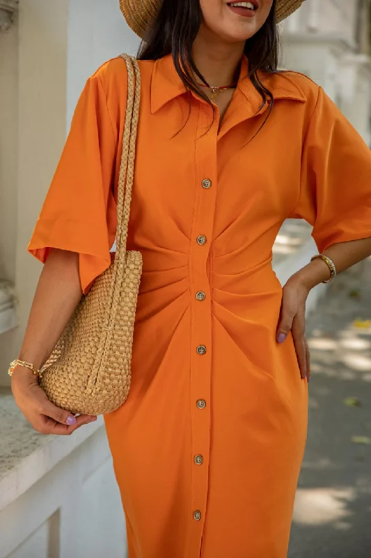 Orange Front Buttoned Gathered Dress