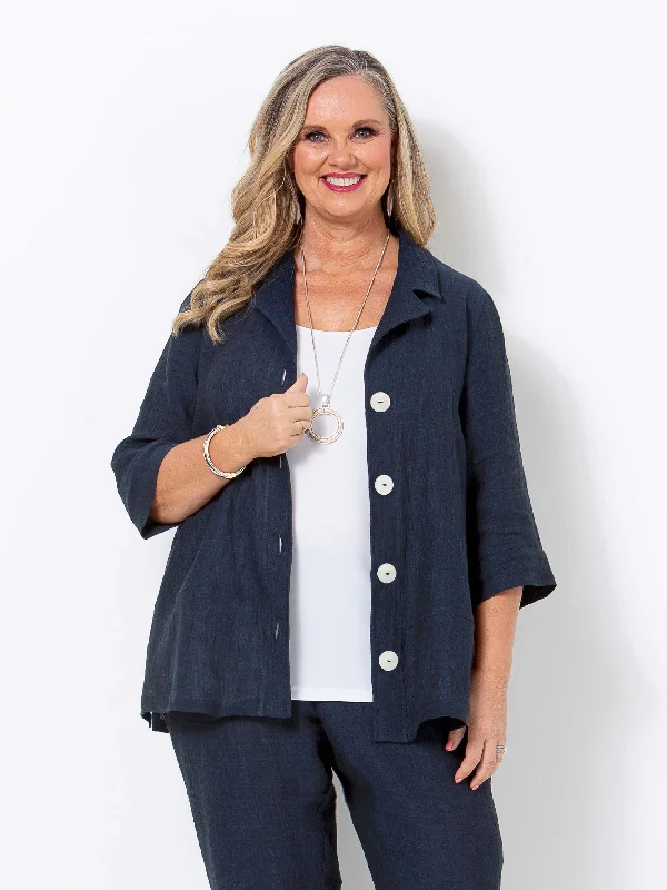 Indigo Crinkle Linen Jacket A-Line Jacket Boat Neck Shawl Collar