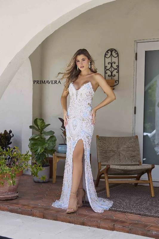 Primavera Couture 4382 Size 2, 8 Ivory Long Beaded Prom Dress Strapless Corset Slit V Neck Formal Evening Gown