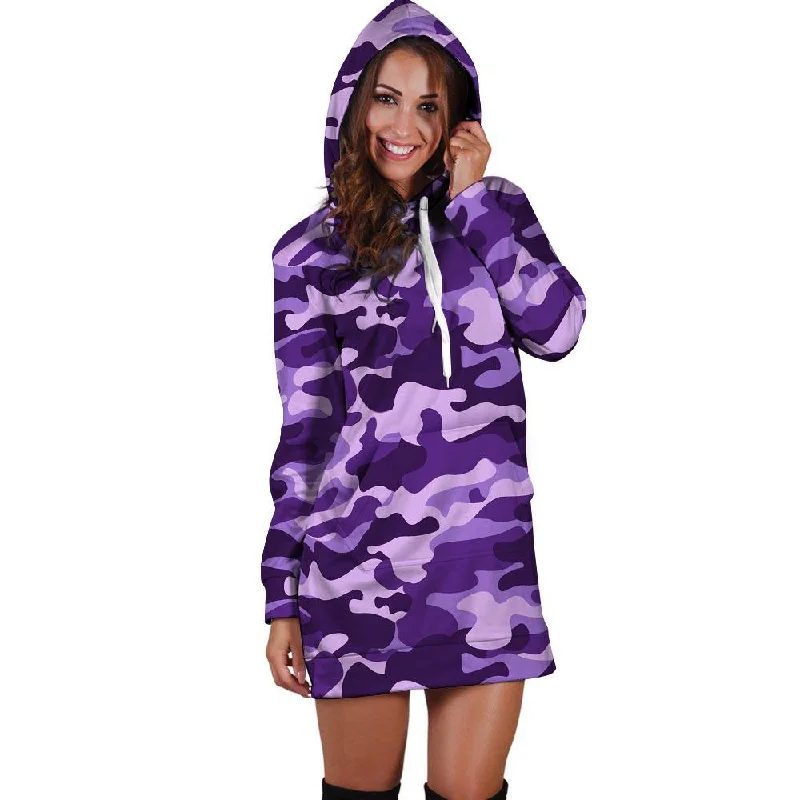 Purple Camo Print Hoodie Dress
