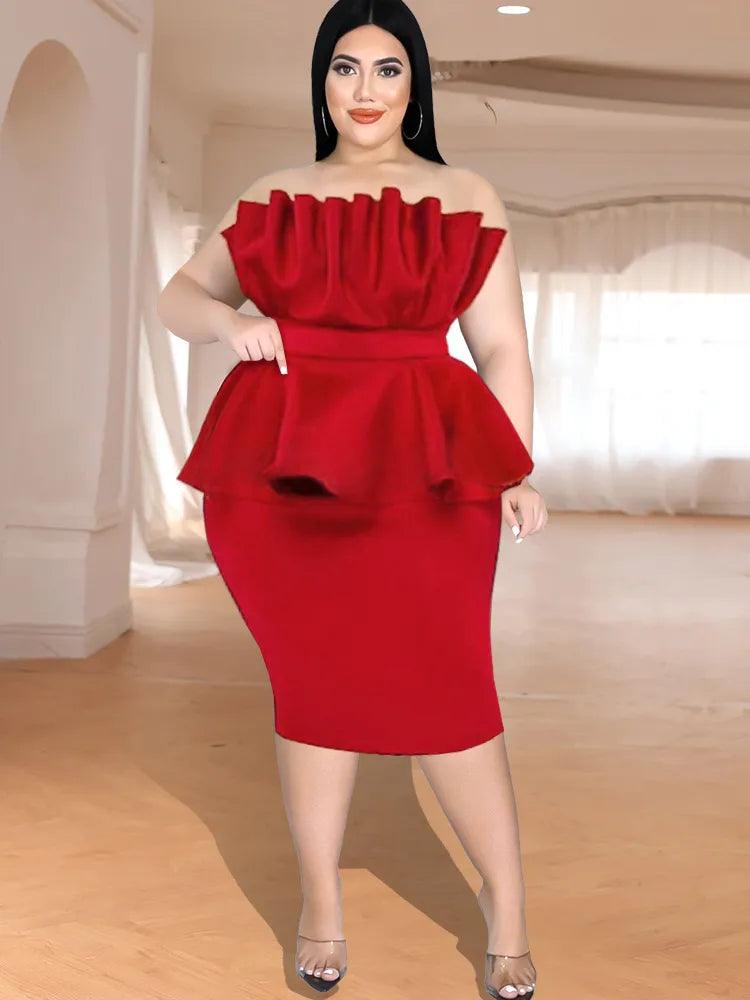 Scarlet Peplum Evening Gown: Elegant Plus-Size Tube Dress.