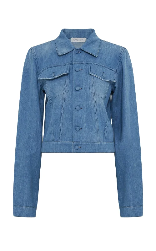 Roland Jacket in Light Blue Recycled Cotton Linen Denim Front Pockets Side Pockets Patch Pockets Roland Jacket in Light Blue Recycled Cotton Linen Denim Front Pockets Side Pockets Patch Pockets