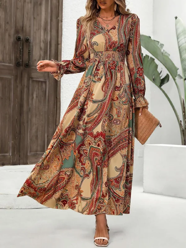 Blue Zone Planet |  Smocked Printed V-Neck Flounce Sleeve Dress