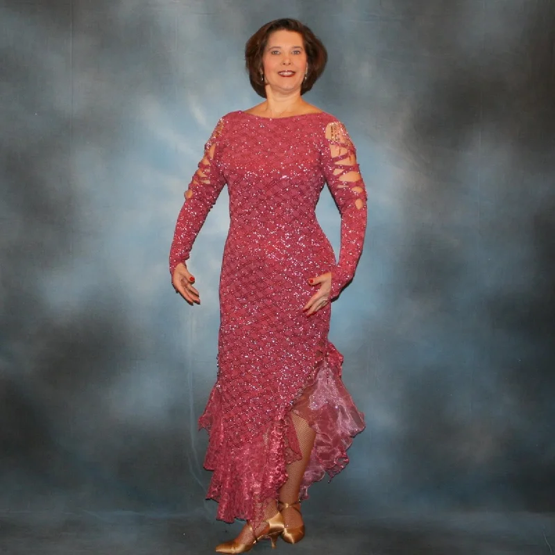 Rose-Pink Sparkly Latin-Rhythm Dress with Lace & Organza Flounces & Hand Beading-Sparkling Rose