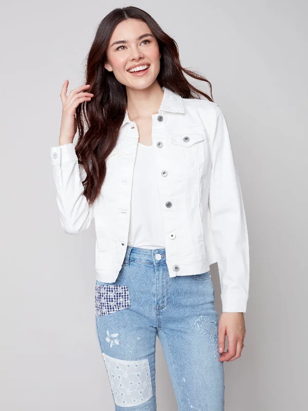 Stretch Twill Jean Jacket - White Hooded Jacket Caped Jacket Shawl Collar Jacket