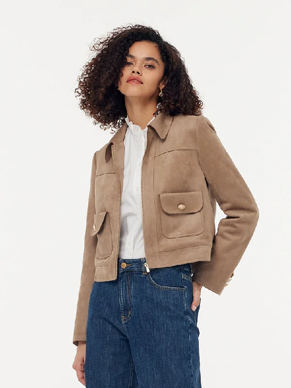 Suede Zip-Up Women Crop Jacket Front Pockets Side Pockets Patch Pockets