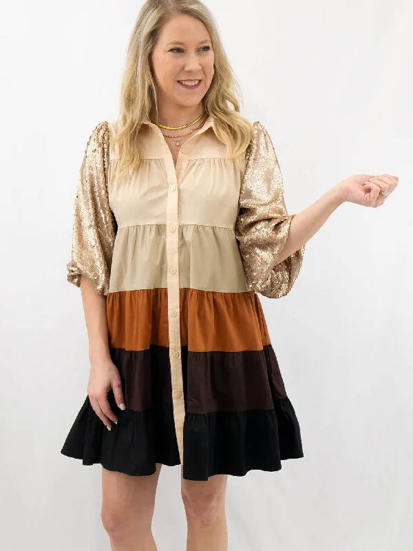 Taupe Sequin Sleeve Color Block Dress