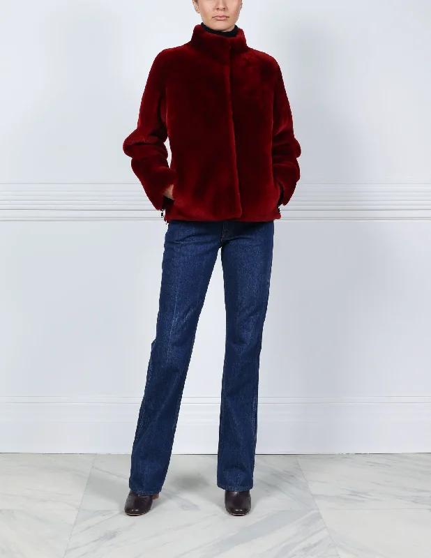 The Elaine Shearling Jacket in Merlot Notch Collar Jacket Peter Pan Collar Jacket Cowl Neck Jacket The Elaine Shearling Jacket in Merlot Notch Collar Jacket Peter Pan Collar Jacket Cowl Neck Jacket